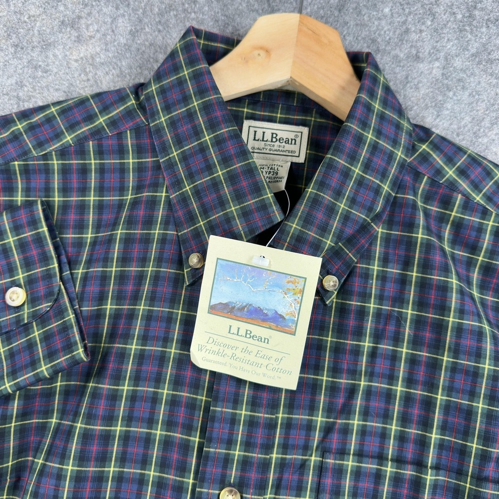 L.L.Bean Shirt Mens Medium Tall Blue Green Plaid‎ Wrinkle Resistant Long Sleeve